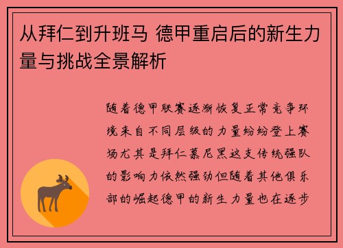 从拜仁到升班马 德甲重启后的新生力量与挑战全景解析