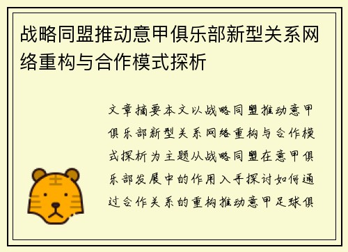 战略同盟推动意甲俱乐部新型关系网络重构与合作模式探析